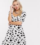 Reclaimed Vintage Inspired Tea Dress With Ruching Front In Dalmatian Polka Dot-multi