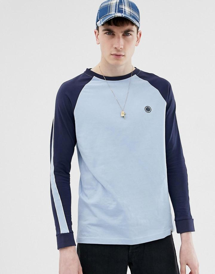 Pretty Green Raglan Long Sleep Taped T-shirt In Blue - Blue
