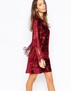 Fallen Star Velvet Swing Dress With Fringe Sleeve - Berry