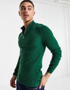 Asos Design Knitted Muscle Fit Rib Half Zip Sweater In Green