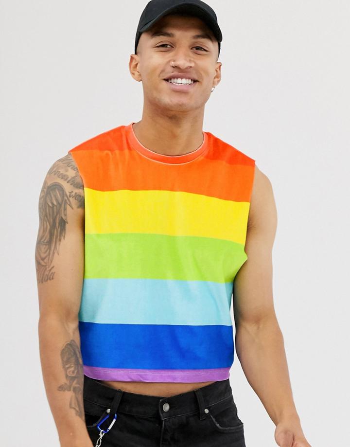 Asos Design Rainbow Stripe Sleeveless Crop T-shirt In Velour-multi