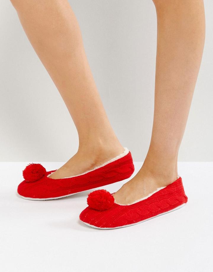 Loungeable Cable Pom Pom Ballerina Slippers - Red