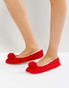 Loungeable Cable Pom Pom Ballerina Slippers - Red