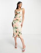 Liquorish Bridesmaid Satin Wrap Midi Dress In Overscale Peach Rose Print-pink