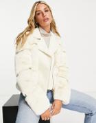 River Island Faux Fur Paneled Moto Jacket In Cream-white