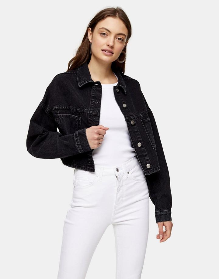 Topshop Cropped Recycled Cotton Blend Denim Jacket In Washed Black-brown