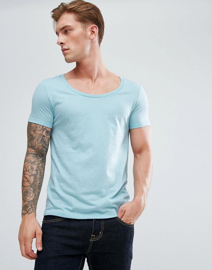 Asos T-shirt With Deep Scoop In Blue - Blue
