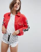 Signature 8 Red Denim Jacket With Checkerboard Sleeve - Red