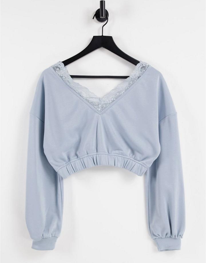 Skylar Rose Cropped V-neck Lounge Sweatshirt With Lace Trim - Part Of A Set-blues