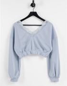 Skylar Rose Cropped V-neck Lounge Sweatshirt With Lace Trim - Part Of A Set-blues