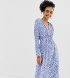 Monki Long Sleeve V-neck Midi Heart Print Dress In Light Blue - Blue