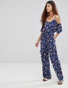 Warehouse Mae Floral Frill Jumpsuit - Navy