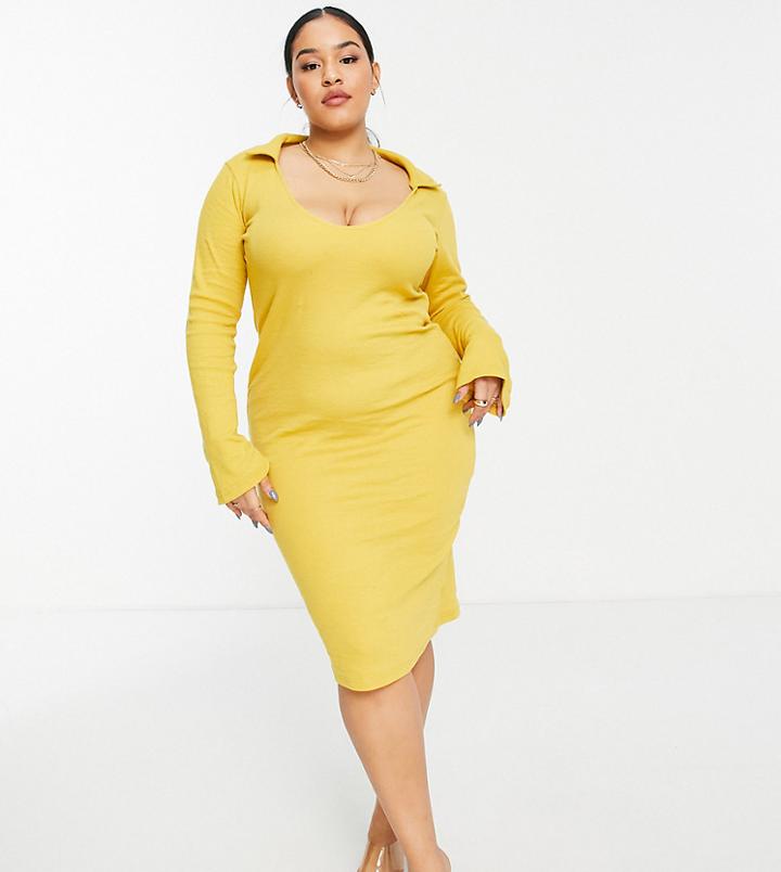Public Desire Curve Open Back Midi Dress In Mustard-yellow