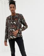 Asos Design Regular Fit Shirt In Paisley Print And Grandad Collar - Black