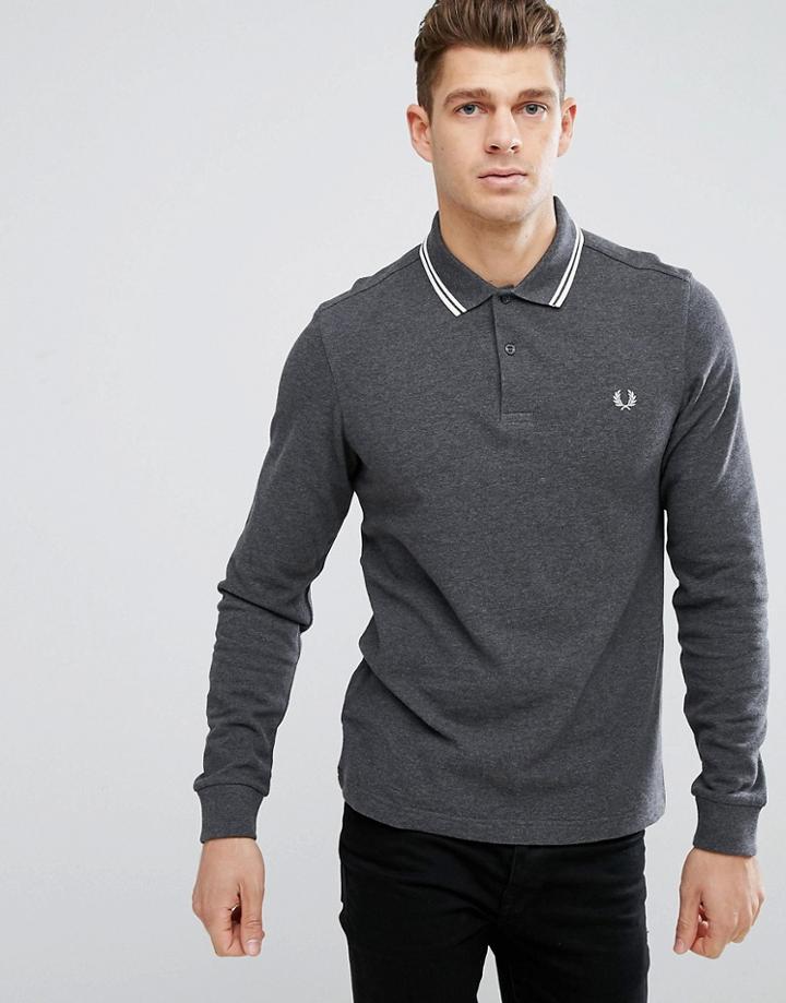 Fred Perry Slim Fit Long Sleeve Tipped Polo In Charcoal - Gray