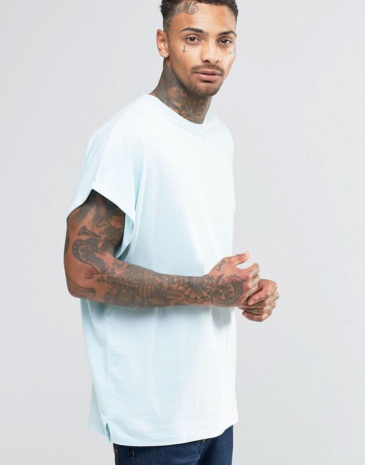 Asos Super Oversized T-shirt With Roll Sleeve In Blue - Starlight Blue