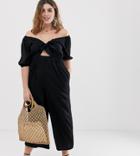 Asos Design Curve Tea Jumpsuit With Puff Sleeve And Tie Detail-black