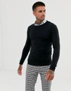 Asos Design Knitted Muscle Fit Crew Neck Sweater In Black