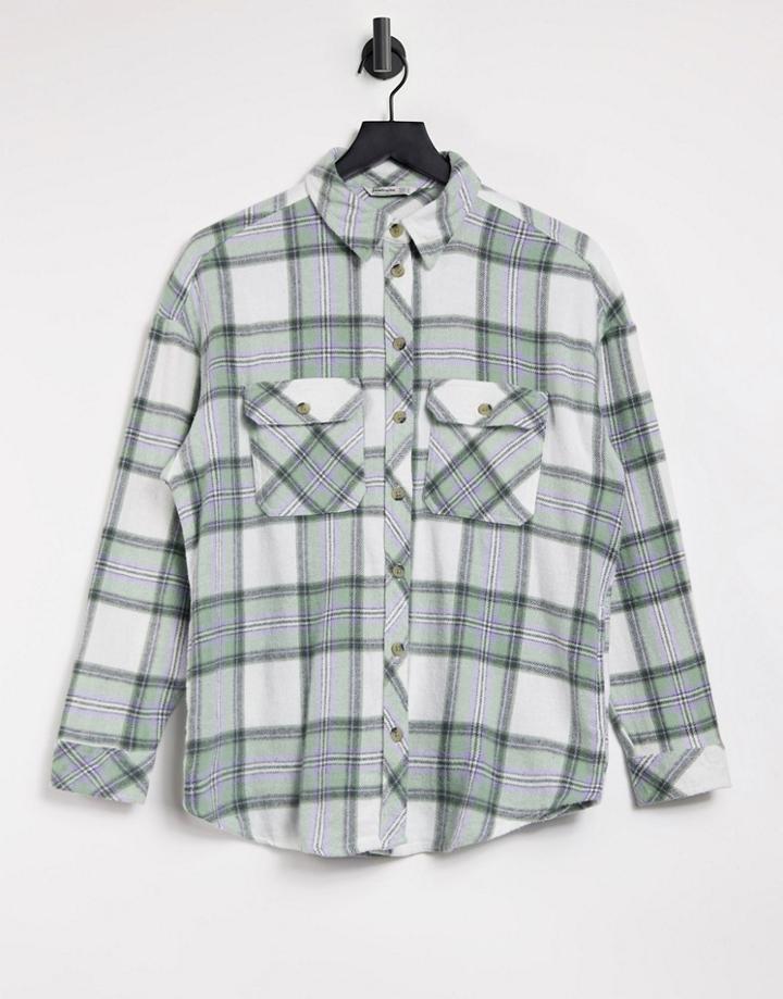 Stradivarius Oversized Boyfriend Shirt In Green Plaid