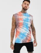 Asos Design Oversized Longline Sleeveless T-shirt With Stepped Hem In Diagonal Tie Dye Wash - Multi