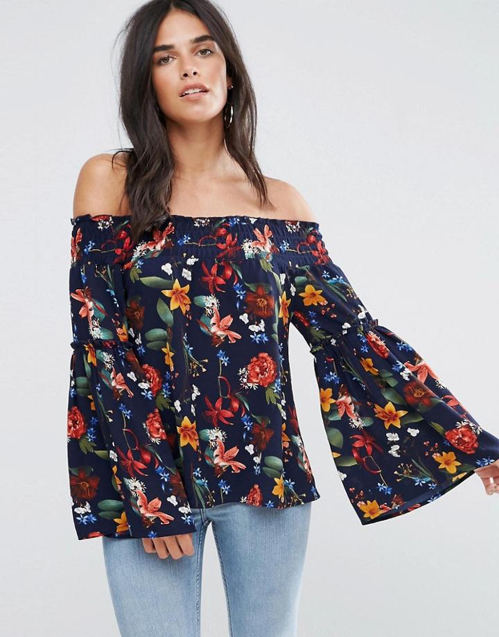 Ax Paris Printed Bell Sleeve Top - Navy