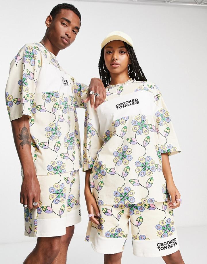 Crooked Tongues Unisex Oversized T-shirt With All Over Flower Graphic Print In Ecru - Part Of A Set-white