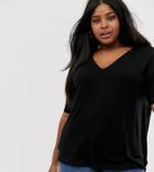 Asos Design Curve V Neck Oversized T-shirt In Textured Jersey In Black - Black