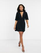 Asos Design High Neck Mini Dress With Flutter Sleeves In Black