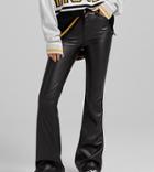 Bershka Petite Flare Faux Leather Pant In Black