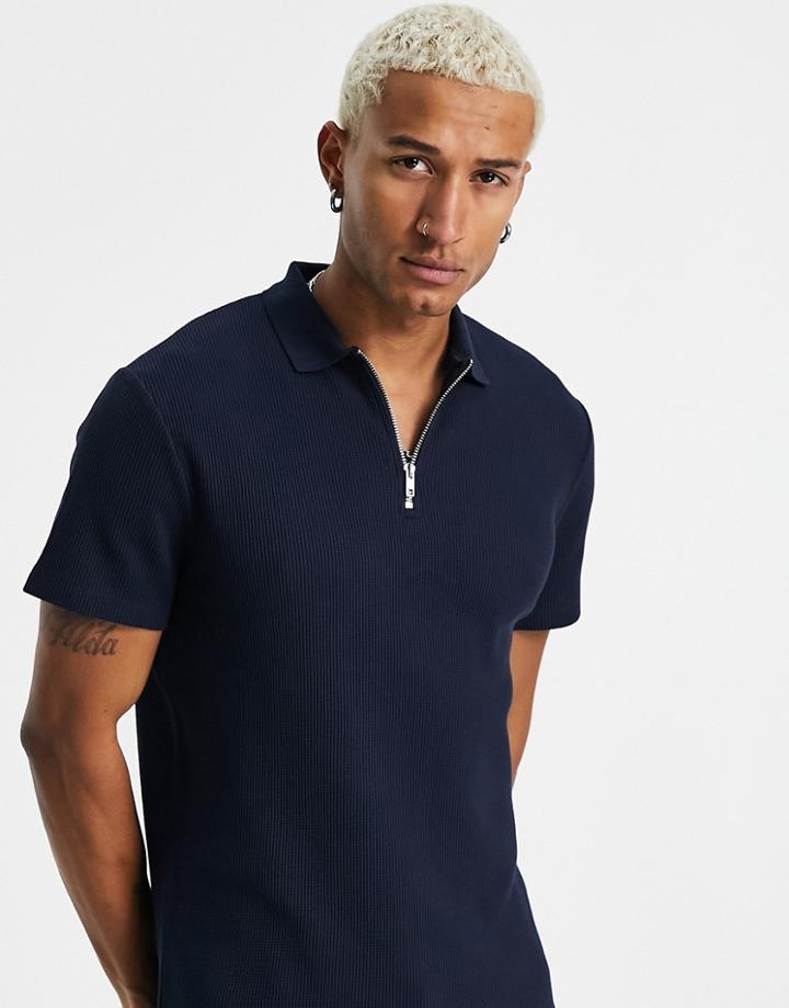 Asos Design Waffle Polo With Quarter Zip In Navy
