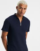 Asos Design Waffle Polo With Quarter Zip In Navy