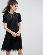 Club L Detailed Crochet & Lace Skater Dress With Puff Detailed Sleeves - Black