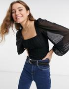 New Look Ruched Front Mesh Long Sleeve Top In Black