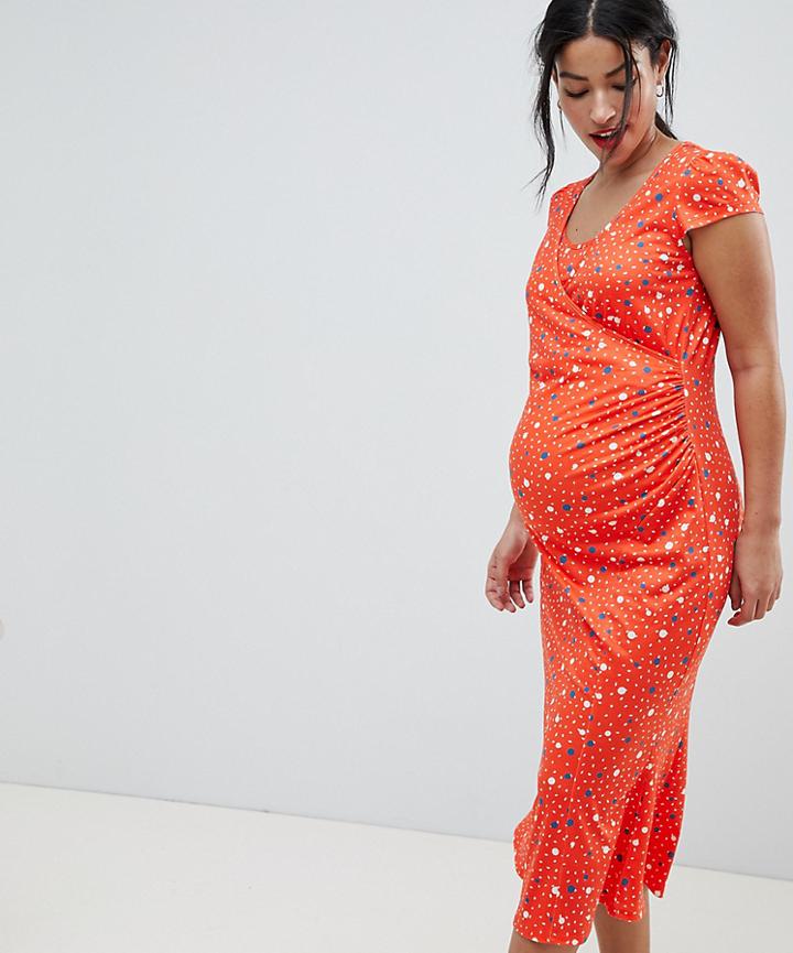 & You Nursing Midi Dress With Wrap Front In Polka Dot Print - Multi