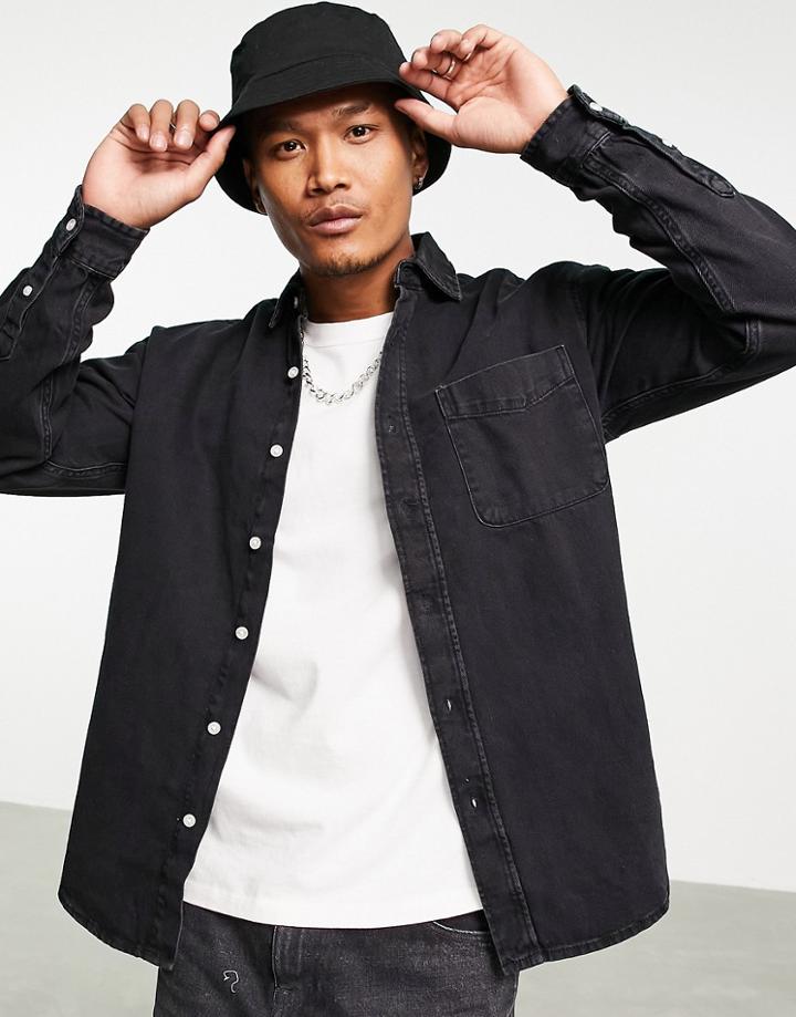 Pull & Bear Denim Shirt In Black