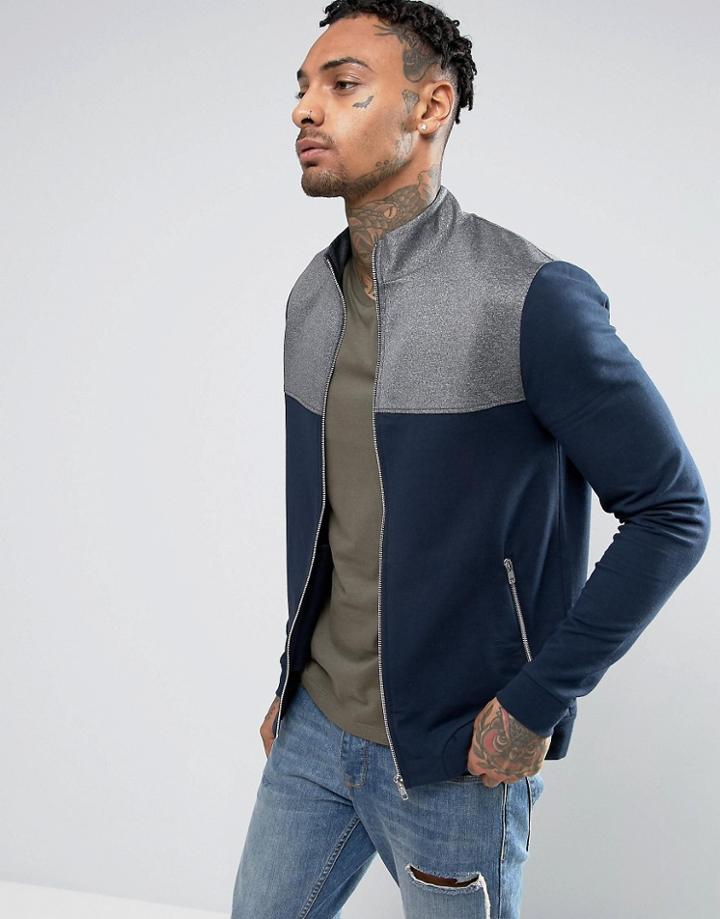 Asos Jersey Muscle Fit Track Jacket With Cut & Sew - Navy