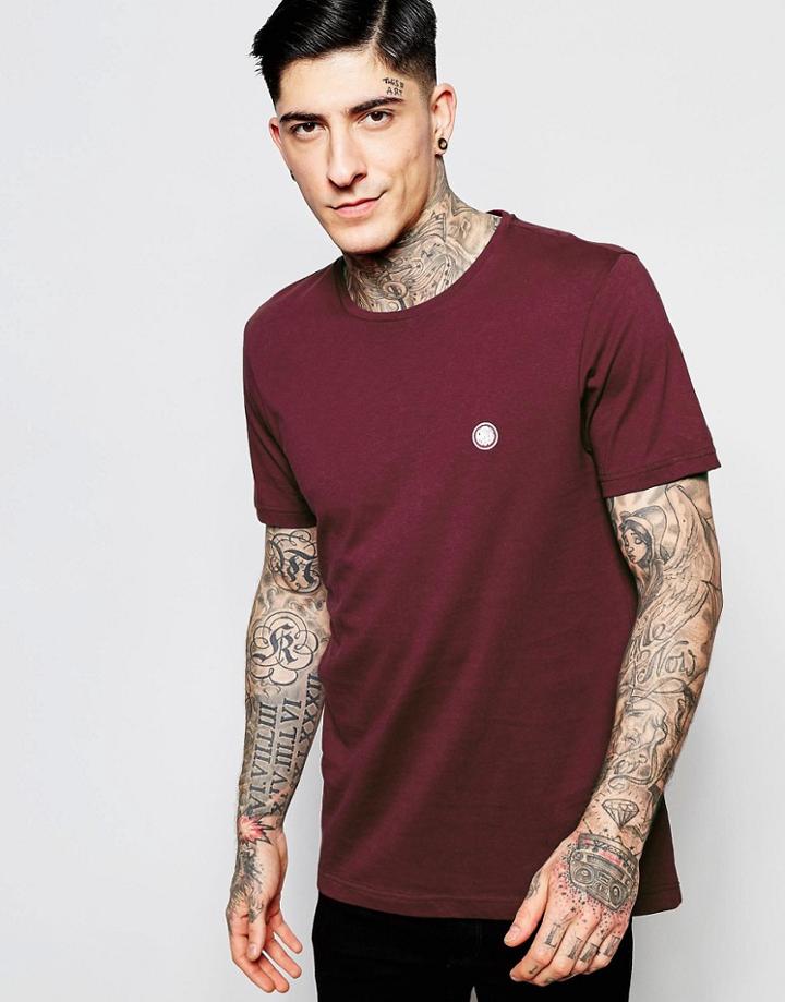 Pretty Green T-shirt In Slim Fit With Pg Logo In Burgundy - Burgundy