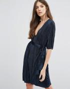 Vila Plisse V Neck Tie Front Dress - Navy