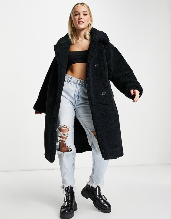 Monki Recycled Polyester Borg Coat In Black