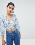 Fashion Union Cropped Blouse In Ditsy Floral - Blue