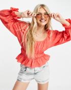 New Look Textured Waist Detail Blouse In Light Coral-orange