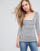 Only Live Love Stripe Scoop Neck 3/4 Sleeve T-shirt - Navy
