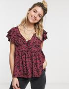 Asos Design Flutter Sleeve Top In Floral Print In Berry-multi