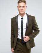 Asos Slim Suit Jacket In Khaki Harris Tweed 100% Wool With Real Leathe
