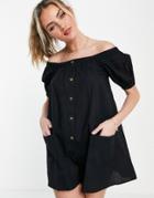 Asos Design Off Shoulder Button Through Swing Romper In Black