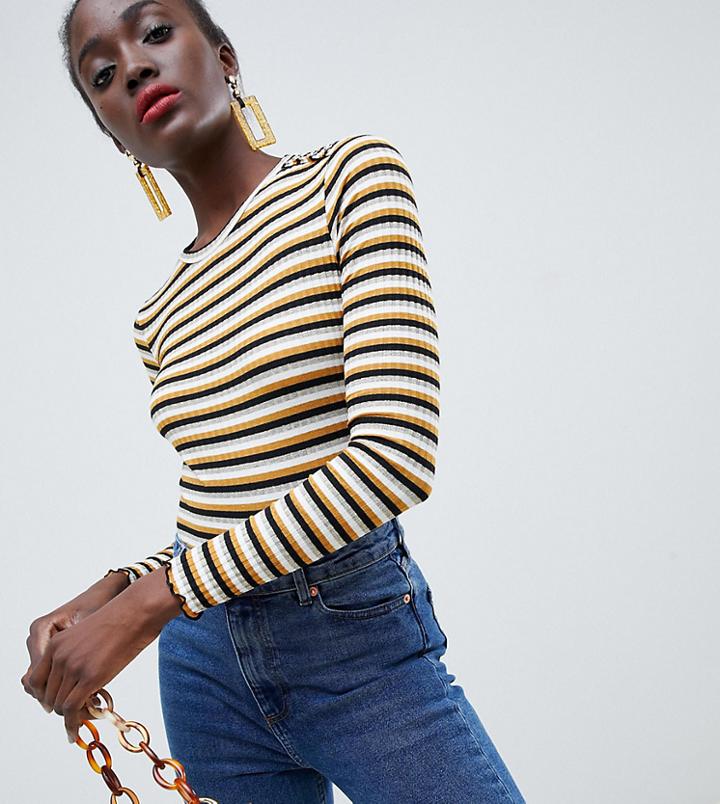 Warehouse Long Sleeve Rib Top In Stripe - Red