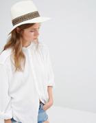 Liquorish Wide Brim Fedora Straw Hat With Patterned Band - White