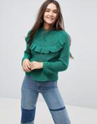 Only Ruffle Sweater With Fluted Sleeves - Green