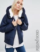 Asos Petite Padded Jacket With Faux Fur Hood And Knitted Trim - Navy