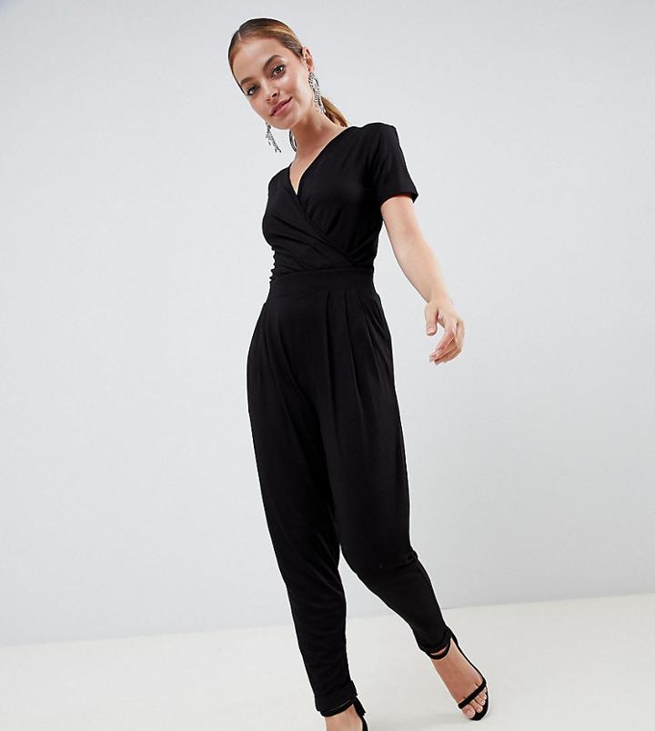 Asos Design Petite Wrap Front Jersey Jumpsuit With Short Sleeve - Black